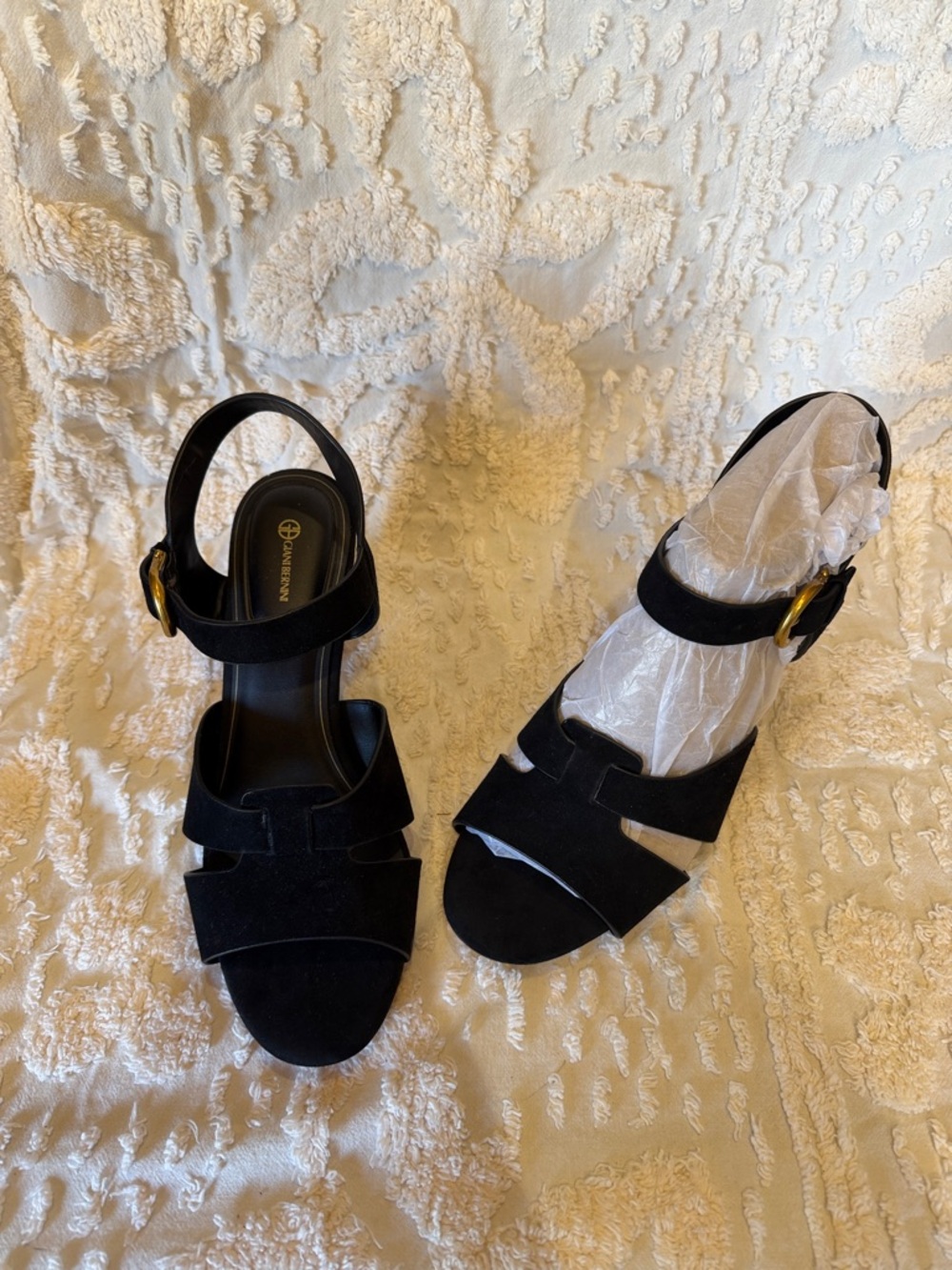 Giani Bernini Black Suede Slingback Sandals with Gold Buckle